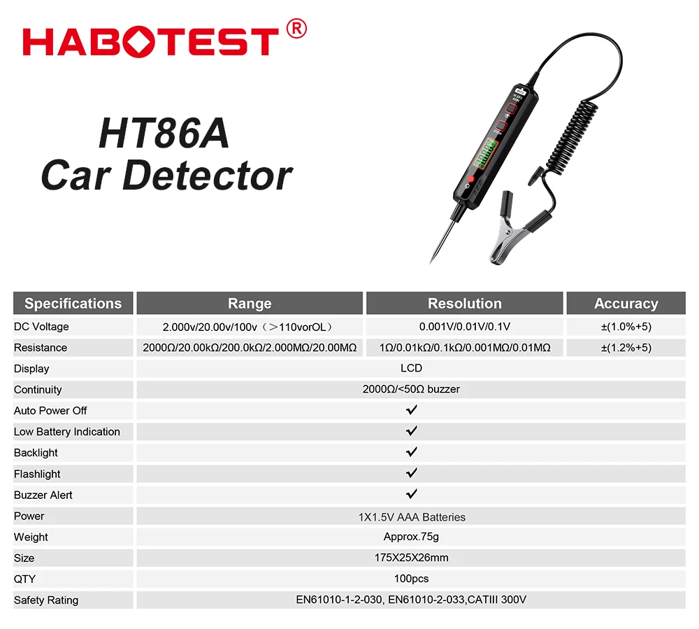 HABOTEST HT86A Car Voltage Detector Automotive Circuit Tester 0.8V-100V Auto Fault Maintenance Circuit Test Pen