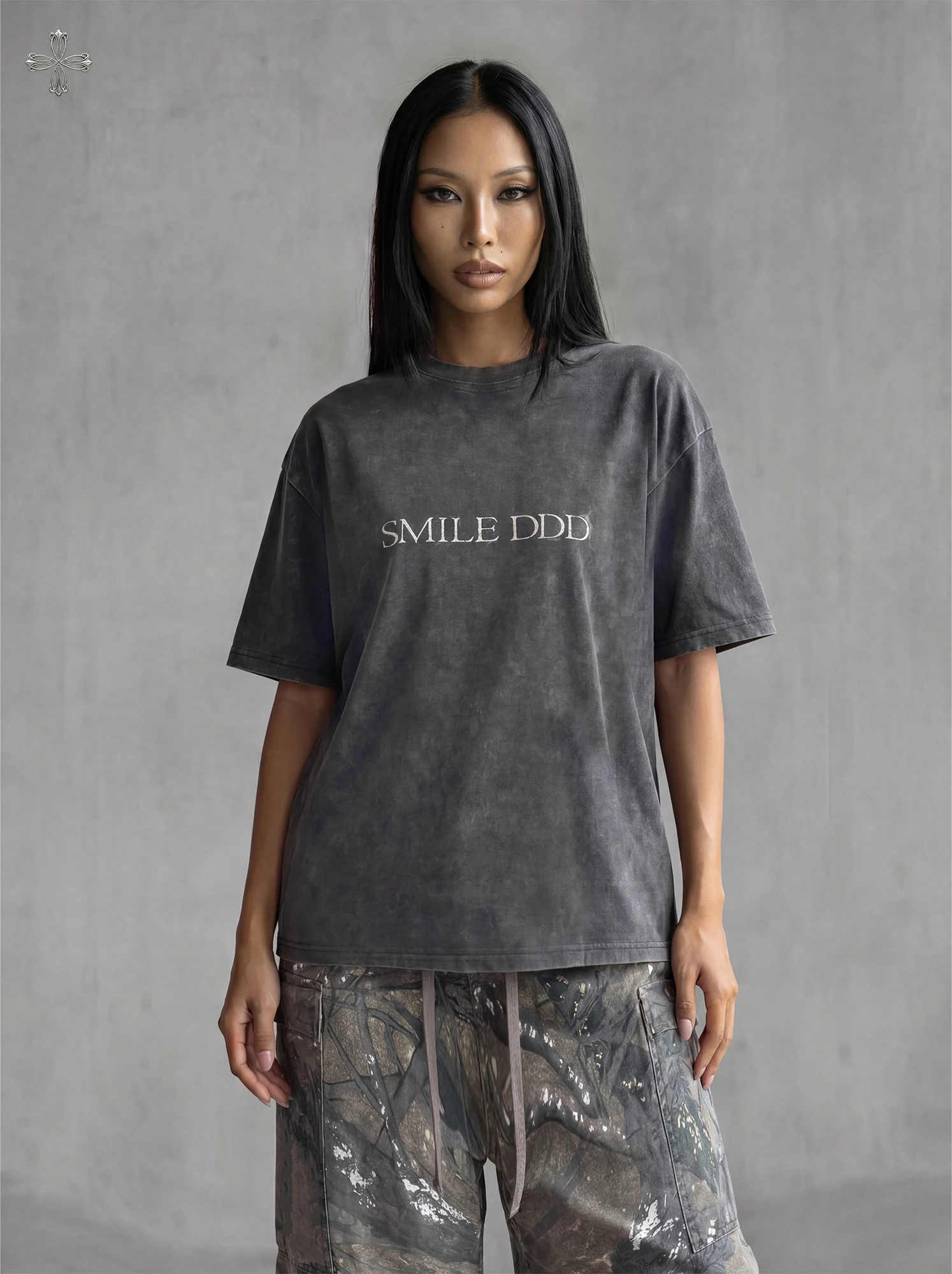 Smile Ddd Tagged Worn-In Look T-Shirt Shoulder-Down Loose Short Sleeve Street Dance Casual Comfortable Breathable Cotton Top