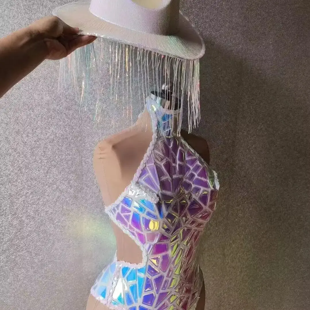 Folk DanceShiny Sequins Sleeveless Halter Bodysuit with Hat for Women Sexy Performance Dance Costume Nightclub Singer Dancer Sta