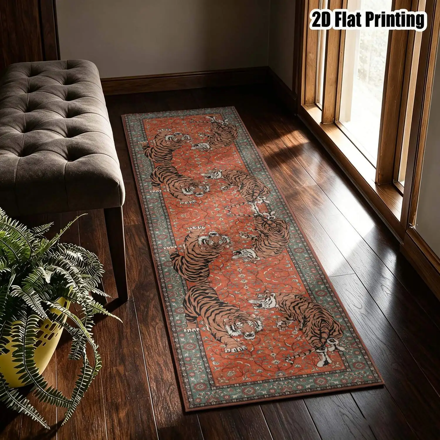 1Pc 2D Printed Red Tiger Pattern Strip Runner Carpet Vintage, Bohemian, Geometric Striped, European Style, Home Decor, Multi-Size, Machine Washable, for Entrance, Living Room, Bedroom, Hallway.