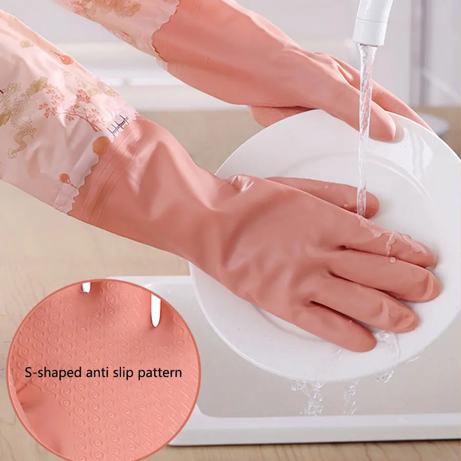 1 Pair Fashion Hemming Plus Velvet Warm Housework Gloves Kitchen Clean Durable Dish Washing Rubber Gloves