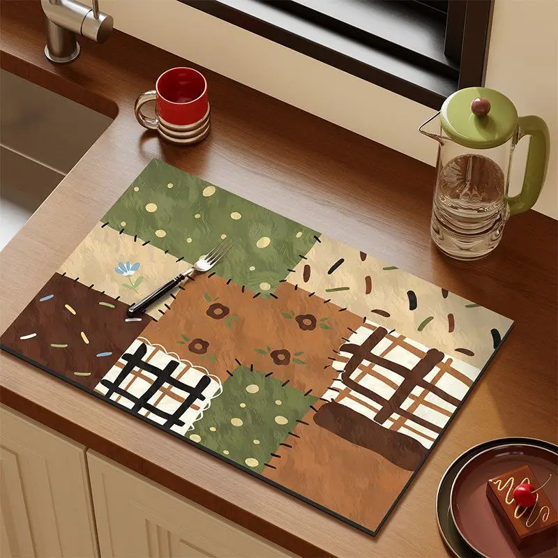Denim, Apple Button, Kitchen Drain Pad, Non slip Coffee Machine Tableware, Kitchen countertop protection pad