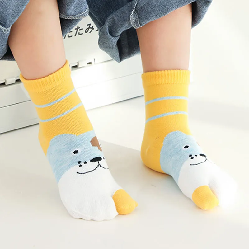 5 Pairs New Style Children Pure Cotton Two Toed Tabi Socks for Kids Student Boys Girls Crew Cartoon Animal Split Thumb Toe Socks