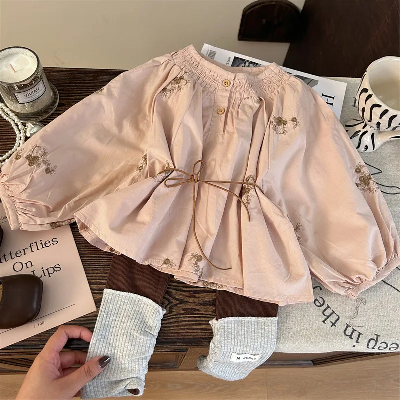 Kids Girls Cute T-shirt Embroidery Floral Print Pullover A-line Soft Tops Tee 2-10Y Children Casual Long Sleeve Blouses