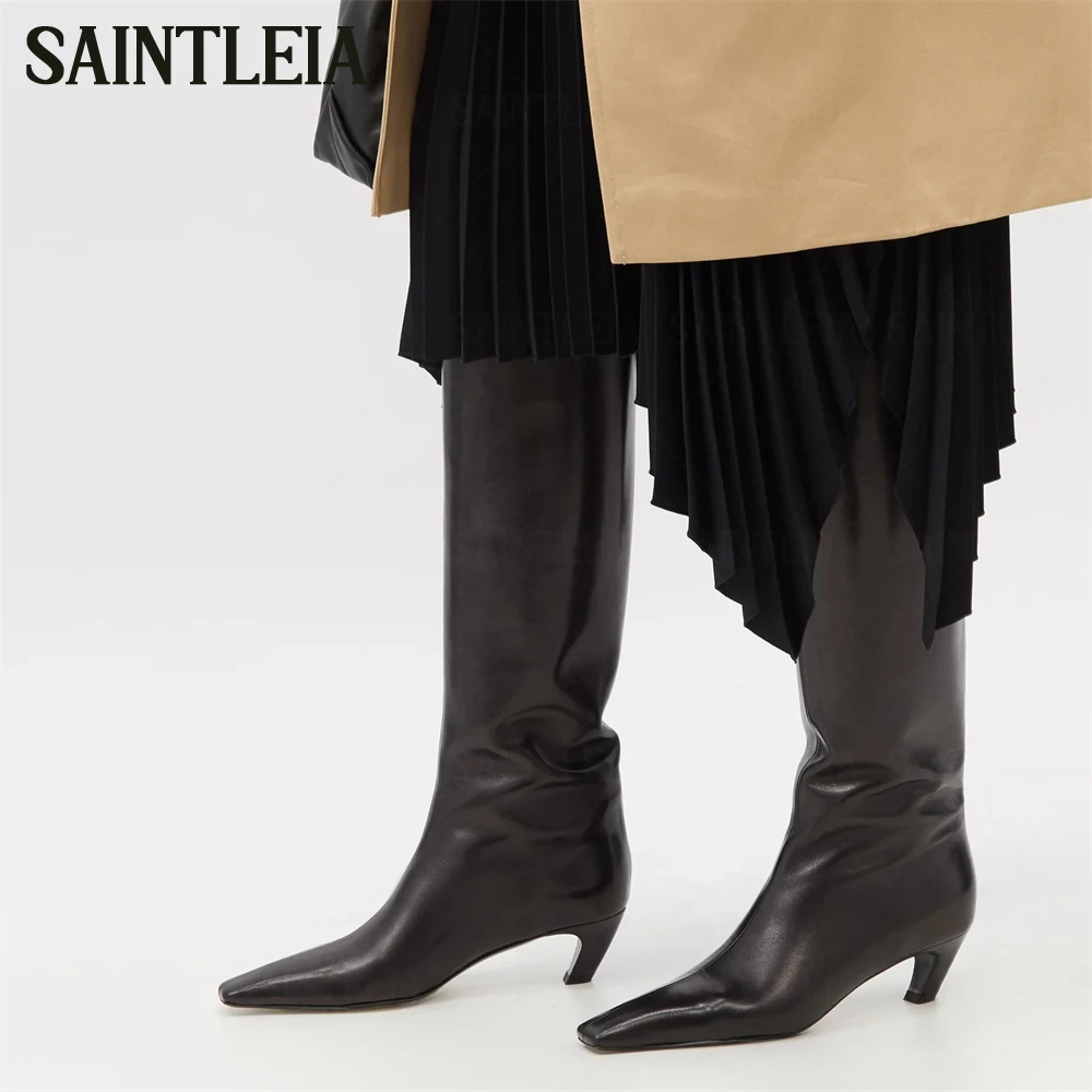 Python Effect Leather Knee High Boots Square Toe Thick Kitten Heel Pull on Boots Concise Designer Style Handmade Boots for Women