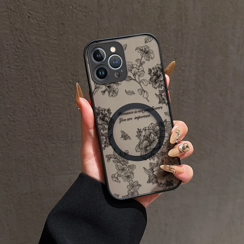 Funda de teléfono Magsafe con flores para iPhone 17 Air 17Promax 16 15 14 Pro Max Plus 13 12 Mini 11, funda magnética transparente a prueba de golpes