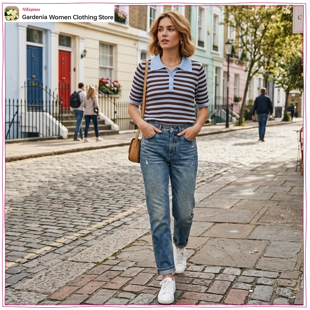 Fashion Striped Knit Polo Shirts for Women New in Casual Summer Tops Stylish Polo Neck Short Sleeve Knit Tops with Front Buttons