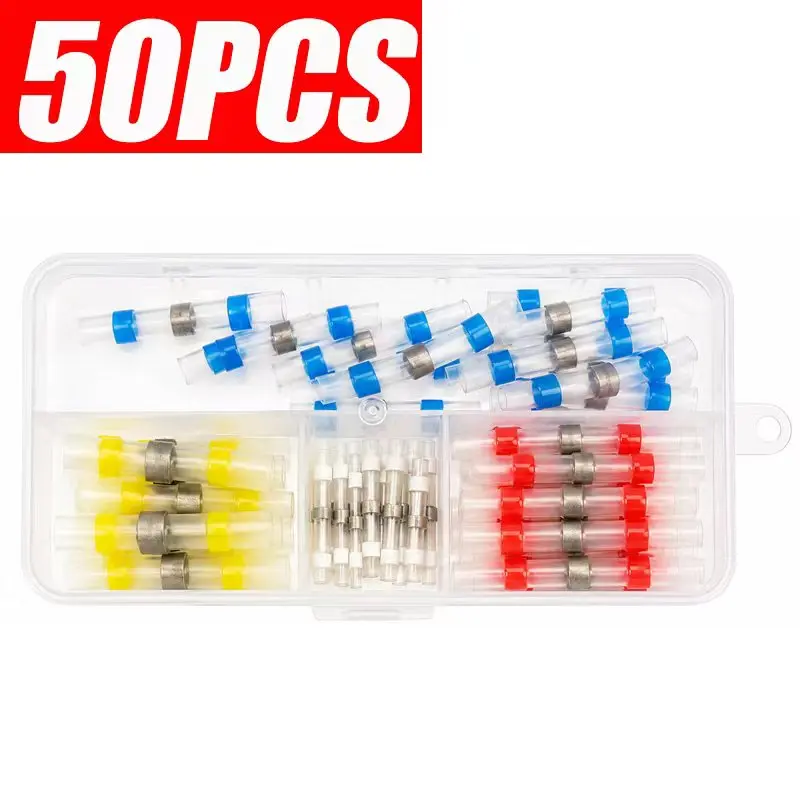 50 PCS Heat Shrink Solder Sleeve Thickened Solder Ring Heat Shrink Tube, Wire Crimp Butt Terminal Cable Connector