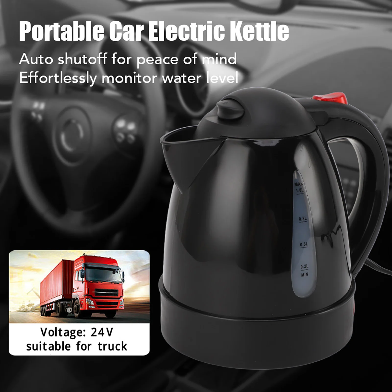 Heated Water Tea Coffee Kettle 24V 250W Water Level Window 1000ML Black Water Boiler Heater ABS 304 Stainless Steel for Trip