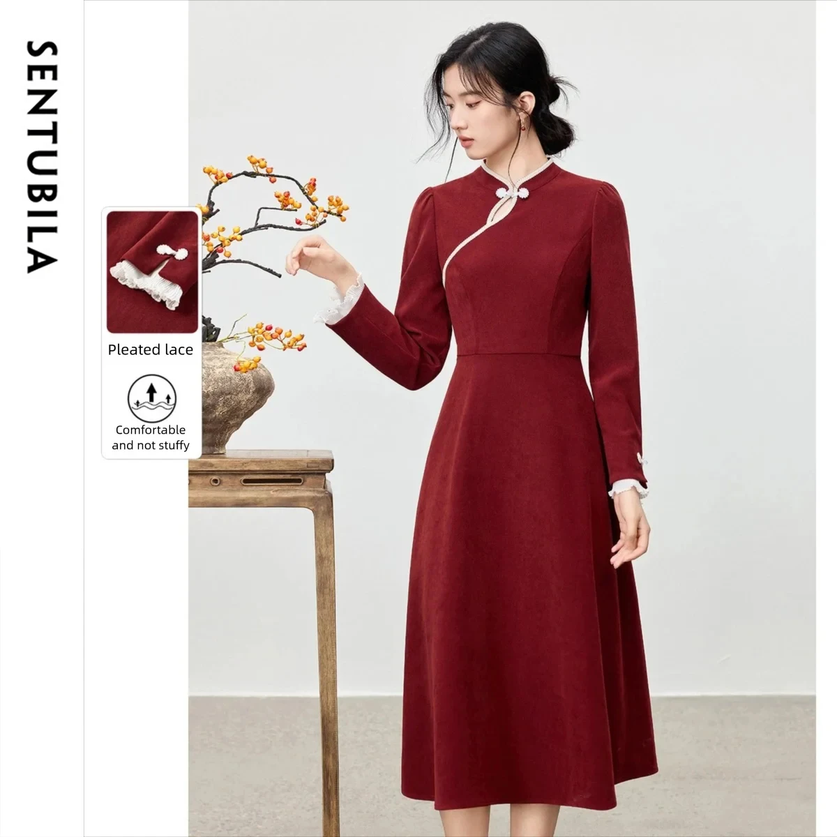 

SENTUBILA Women's Chinese Style Dress 2025 Autumn Butterfly Sleeve Stand Collar Dress Commute Elegant Ladies Clothing 153LV3572