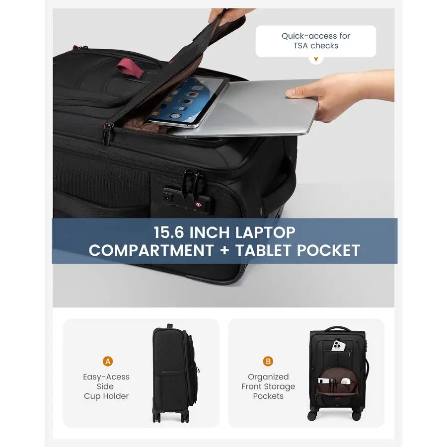 على الأمتعة 22 × 14 × 9 معتمدة من شركة الطيران، حقائب مقاس 22 بوصة مع عجلات دوارة، حقيبة حمل ناعمة مع قفل TSA للرجال والنساء #3