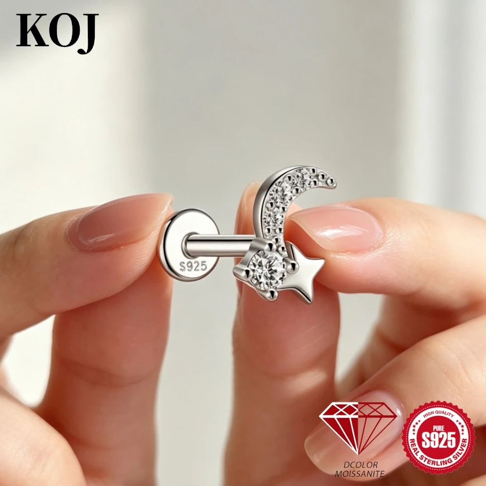 KOJ 1PC 925 Sterling Silver Moissanite Stud Earring Moon Star Flower Dangle Design For Women Delicate Daily Party Jewelry Gift