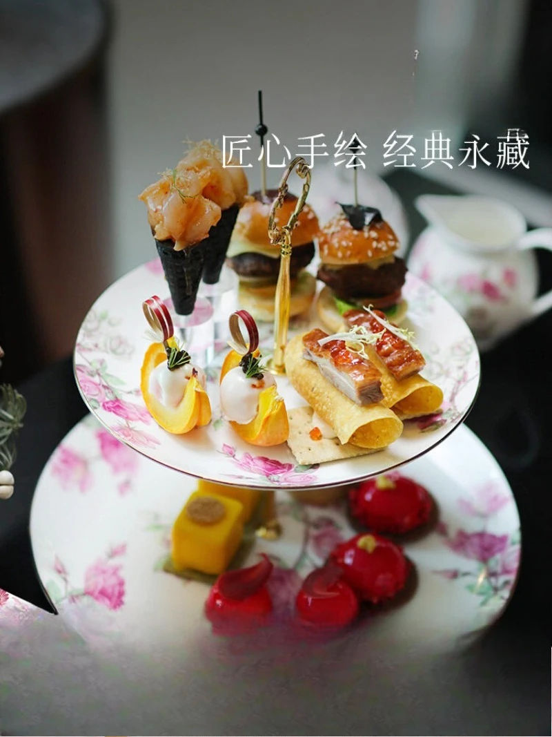 Red Rose Blue Rose Double Dessert Plate Fruit Plate Dim Sum Rack Refreshment Display