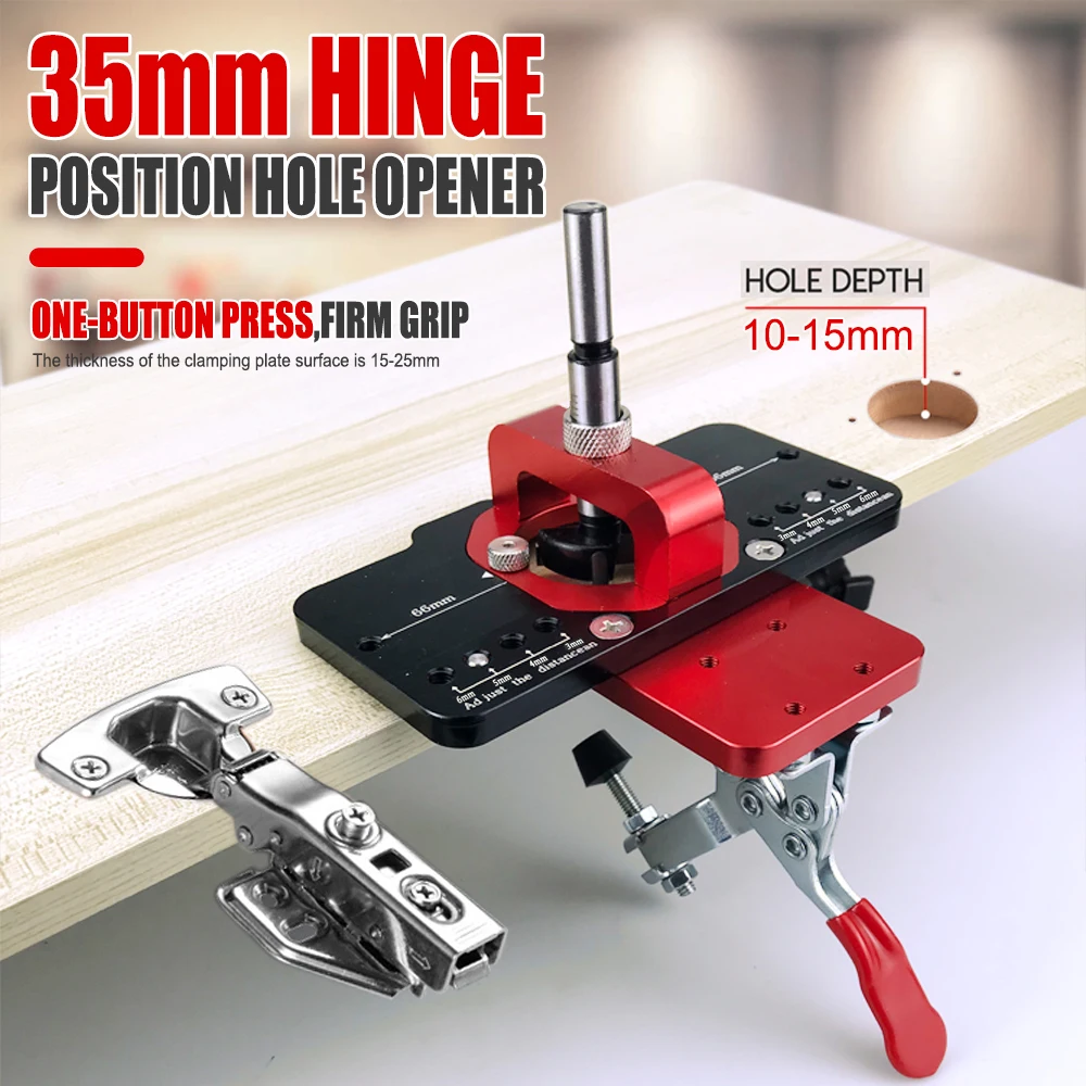 

Aluminum Alloy 35MM Hinge Boring Hole Drill Guide Hinge Jig with Clamp For Woodworking Cabinet Door Installation Woodwork Tools
