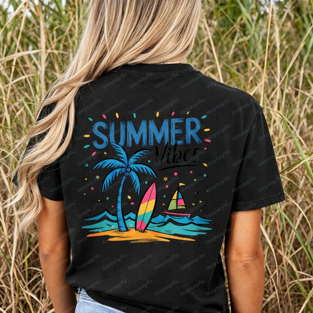 Summer Vibes T-Shirt Women Doodle Palm Tree Surfboard Sailboat Graphic Tee Casual Short Sleeve Cotton Tops Beach Vacation Shirts
