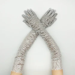 Long Glitter Elastic Fingerless Gloves Sparkly Sequin Performance Party Holiday Stage Costume Accessory Gloves