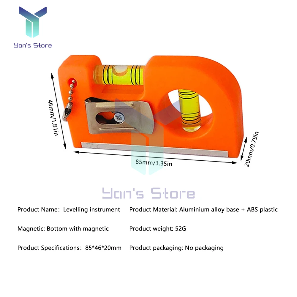 Tingkat saku Mini 2 in 1, dengan kait rantai logam untuk menentukan rantai kunci Vertikal Horizontal tingkat alat pertukangan