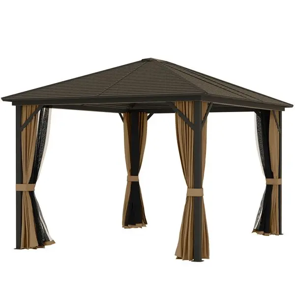 

Outsunny 10' x 12' Hard Roof Gazebo with Curtains and Netting, Gazebo with Frame and Hooks, Coffee