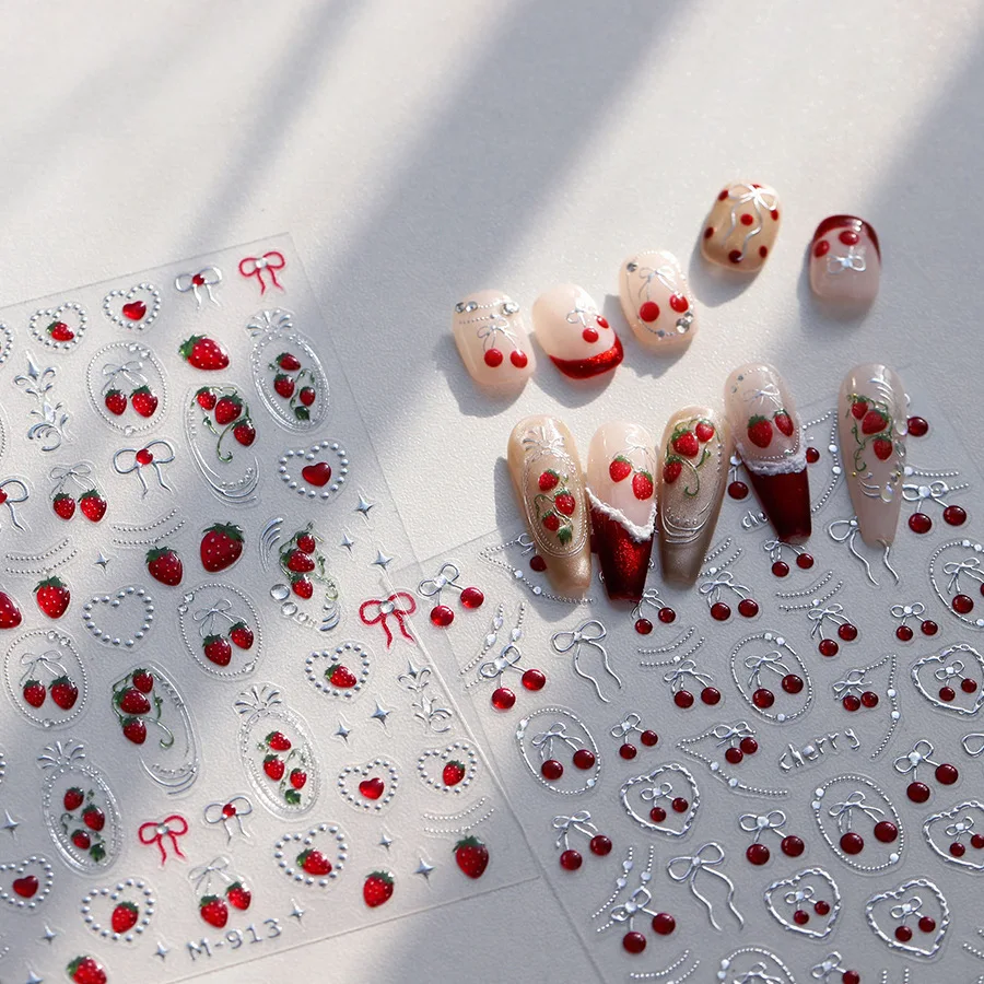 

Nail Stickers Light Luxury Hot Stamping Silver Bow Cherry Kid Friendly Self Adhesive Premium Vinyl Glossy for DIY