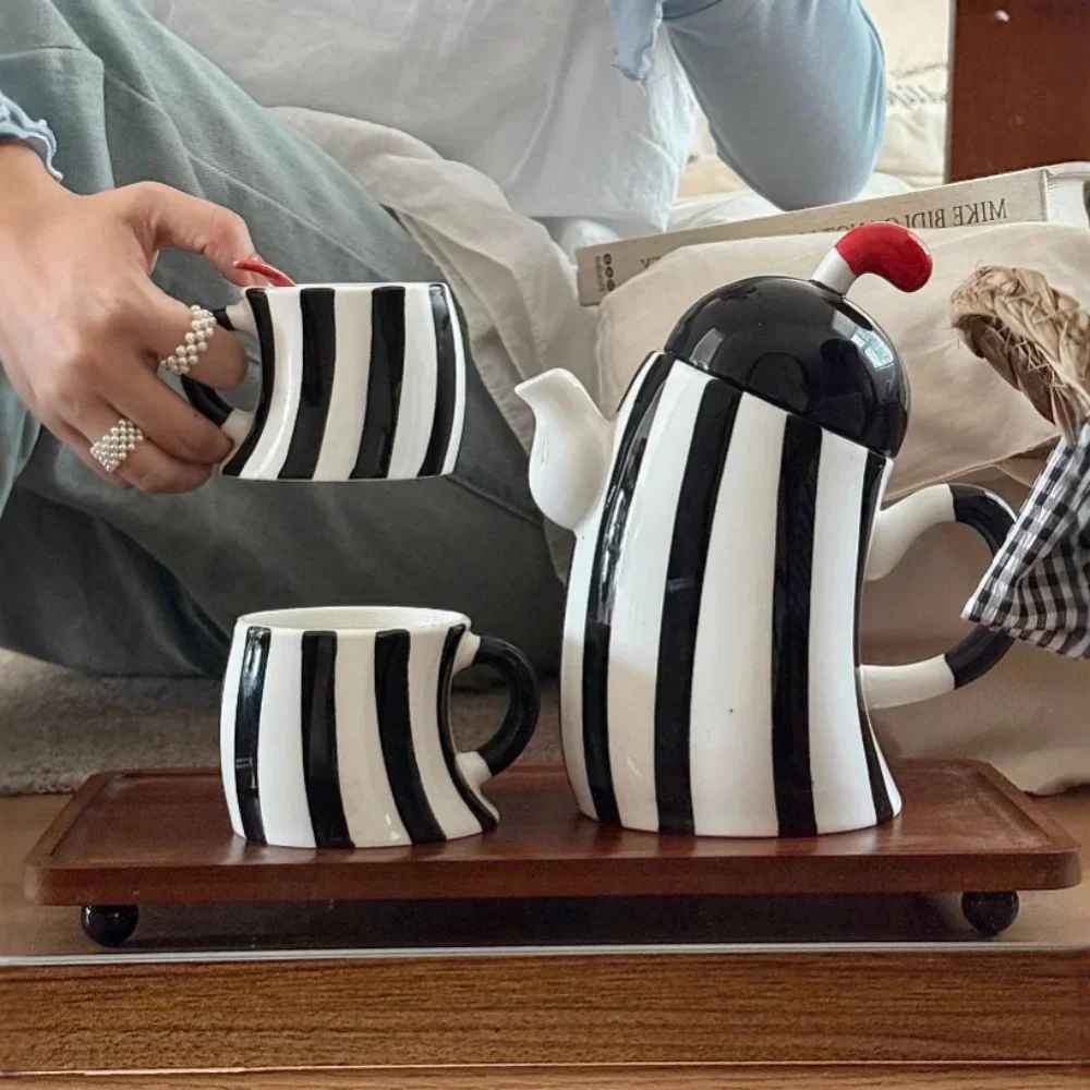 Creative Retro Striped Ceramic Teapot and Cup Set - Black and White Coffee Set for Home Use, Housewarming or Birthday Gift