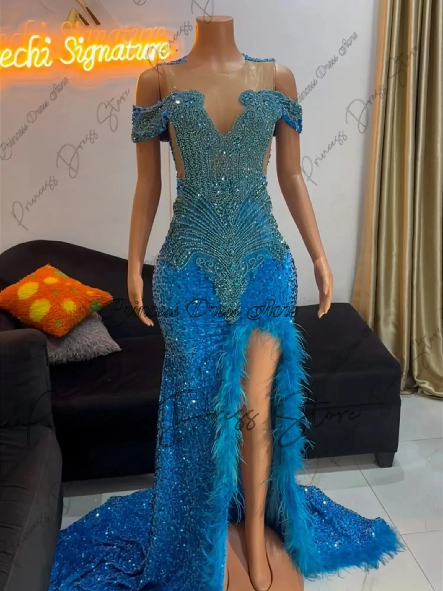 Sexy prachtige luxe lange zeemeermin galajurken kralen kristallen veren verjaardagsfeestje jurk diamanten vestidos aangepast