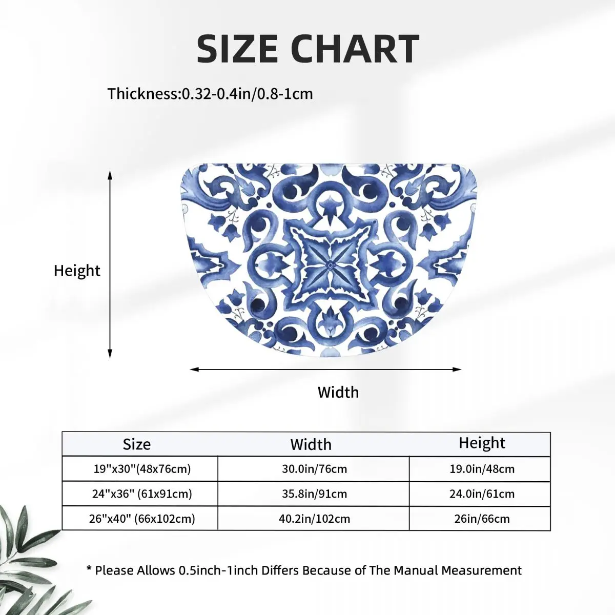 Blue Ornate Floral Mediterranean Sicilian Tile Soft Half Round Doormat Non Slip Bathroom Mat Absorbent Floor Carpet for Garage
