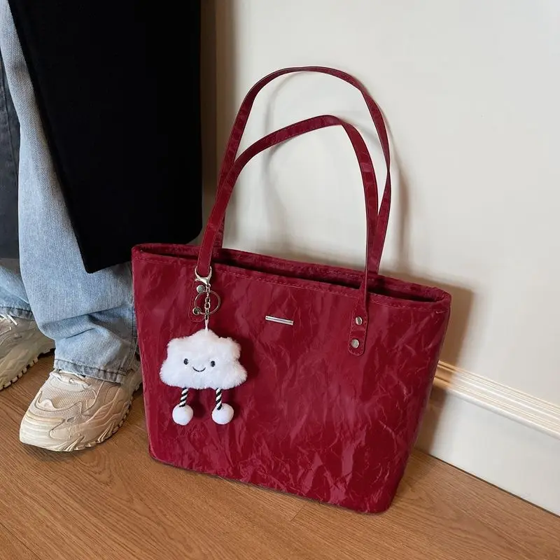 

MBTI Vintage Red Womens Tote Bag Aesthetic Elegant Solid Color Fashion Shoulder Bag Casual Large Capacity Ladies New in Handbag