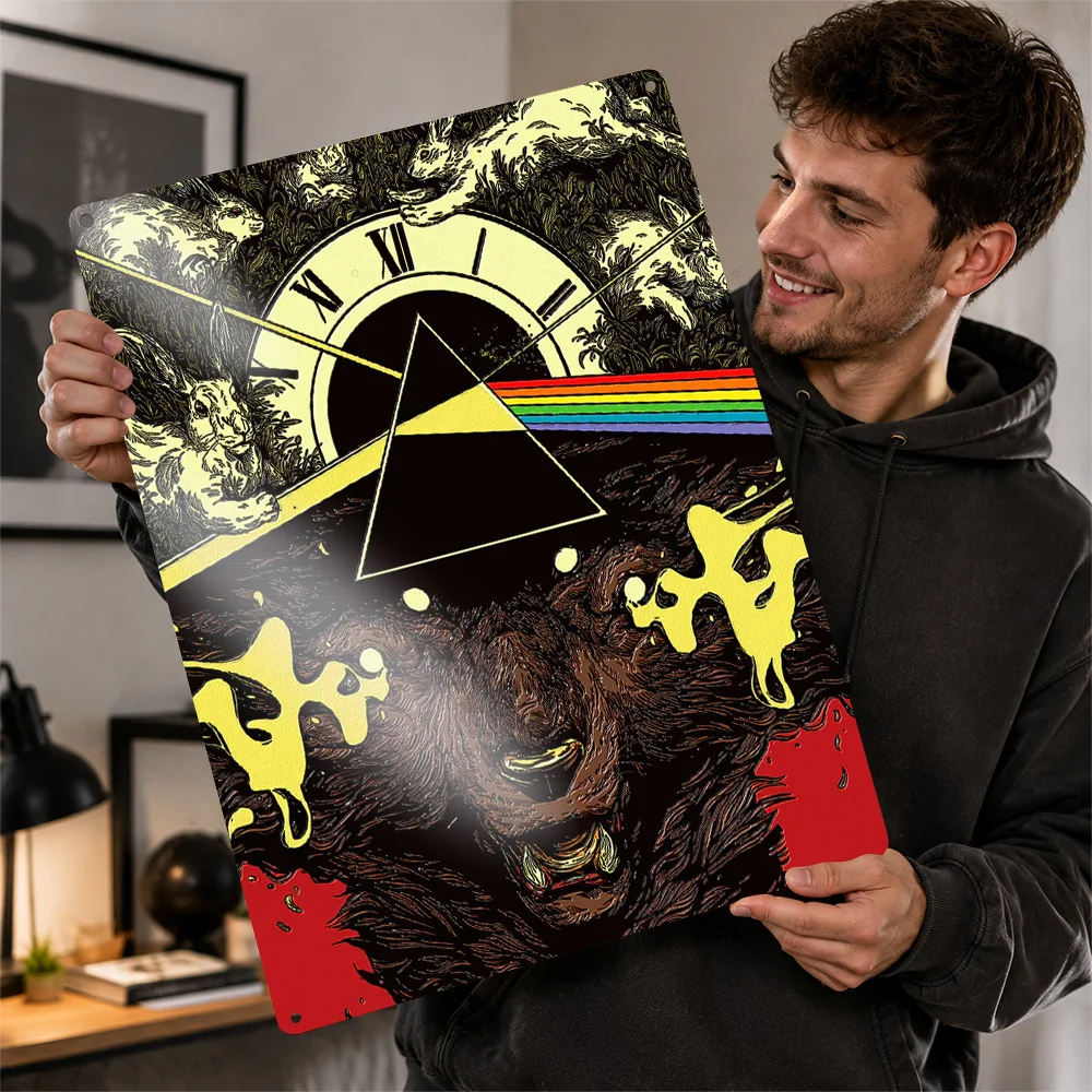 Pink Floyd Prism Clock Collage Textured Metal Poster Surreal Wall Art For Music Studio Personalized Aluminum Sign Band Fan Gift