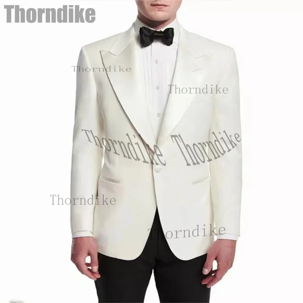 Thorndike Fashion White Mens Suit Peak Lapel Wedding Groom Tuxedo Slim Fit Formal Banquet Blazer 2 Pc Jacket Sets (Blazer+Pants)