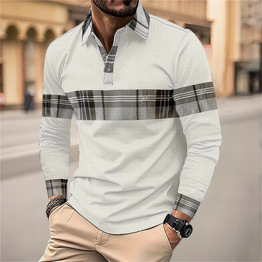 Fashion Plaid Polo Shirts For Men Autumn Urban Business Social Long Sleeve Clothes 3D Print Simple Design Daily Casual Male Tops
