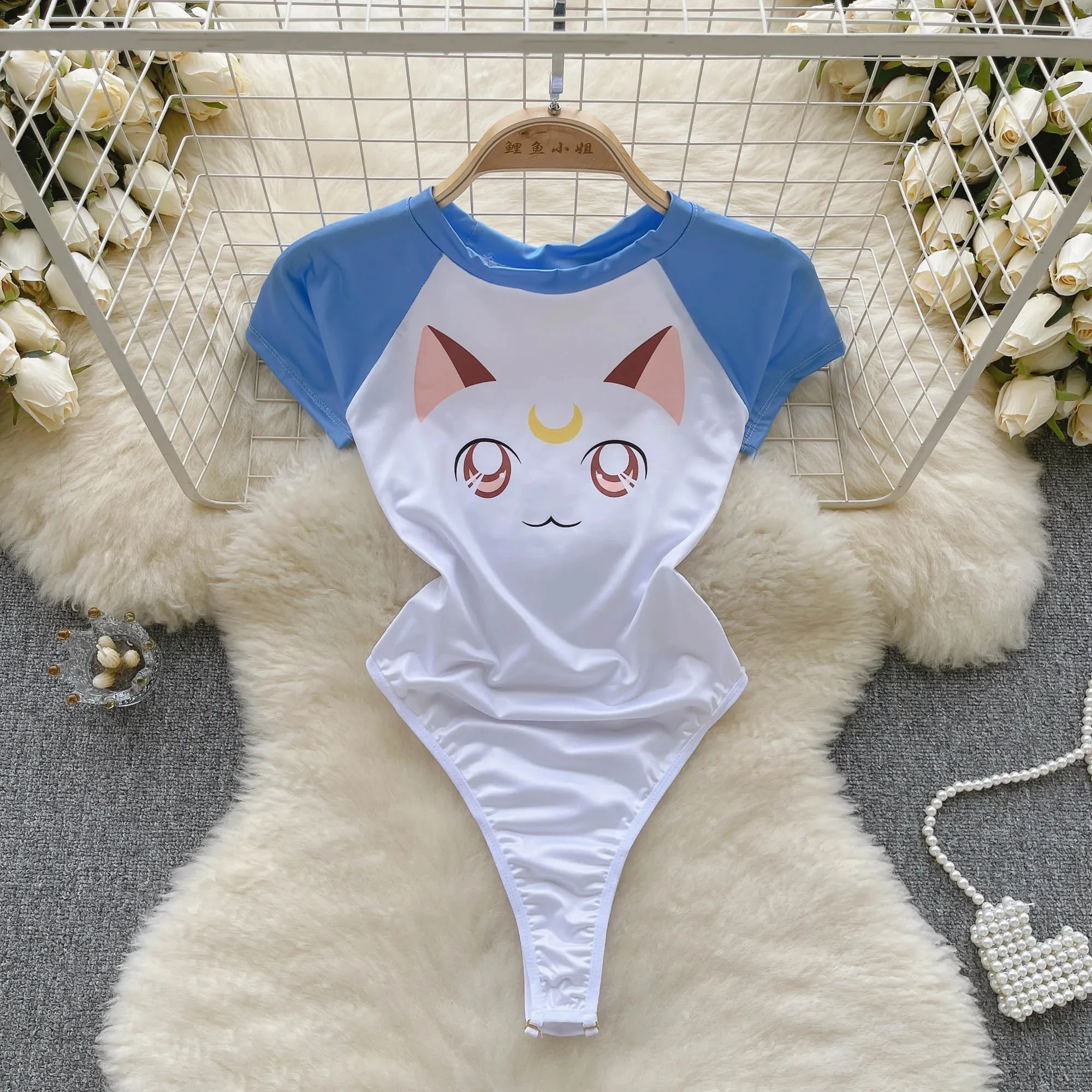 Porno Lingerie Sweet Sheath Bodysuits Female Short Sleeve Rompers Open Crotch Women Erotic Cute Slim Swimsuits Cartoon Jumpsuit