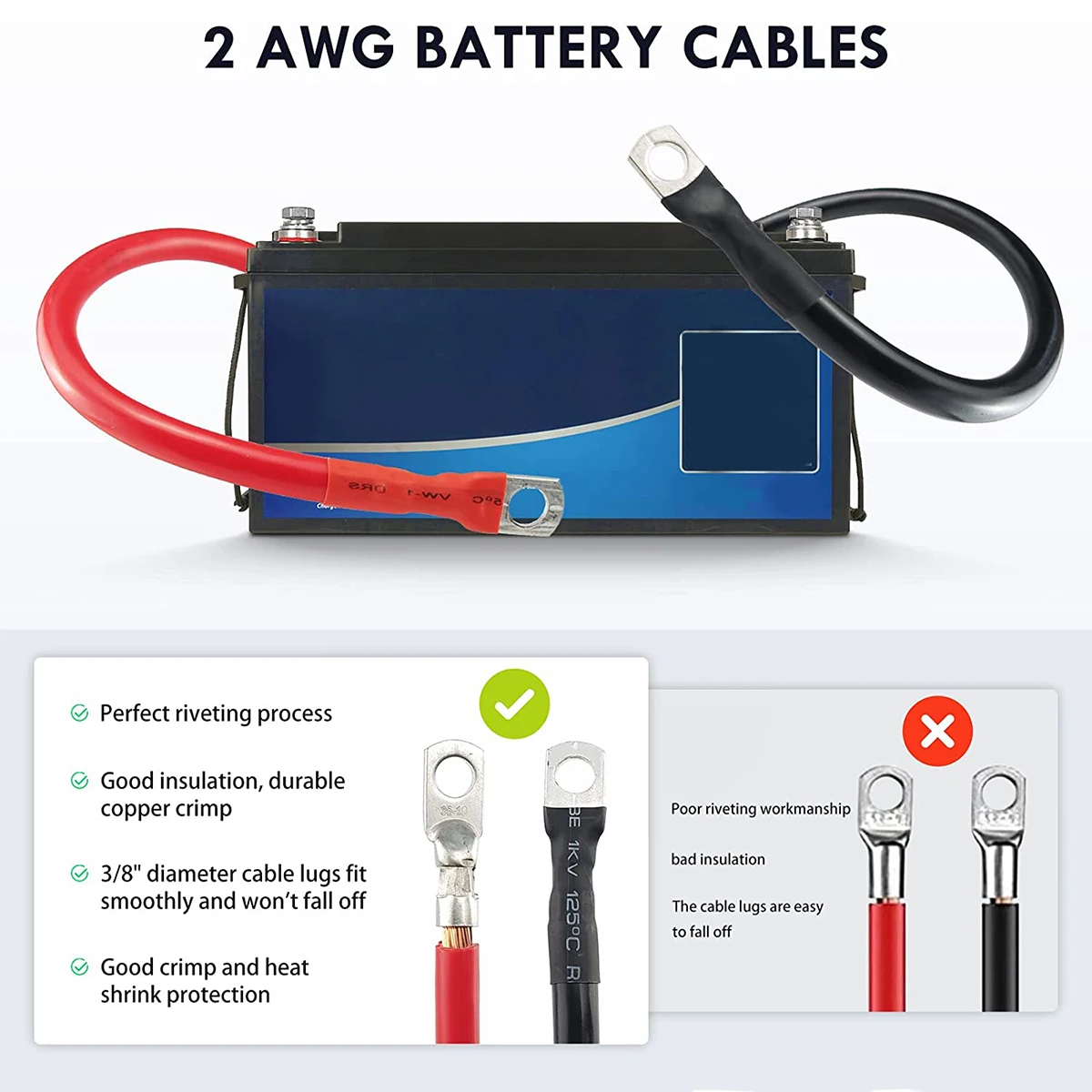 2AWG 게이지 배터리 케이블 세트, 내구성 배터리 전원 인버터 케이블, 전문 구리 전원 인버터 와이어, 자동차 보트용, 2 인치