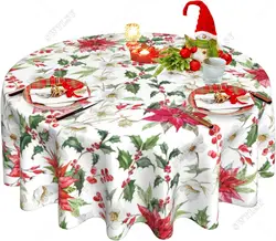 Christmas Table Cloth Red Round Christmas Tablecloth 60 Inch Washable Reusable Xmas Winter Flowers Tablecloth for Holiday Party