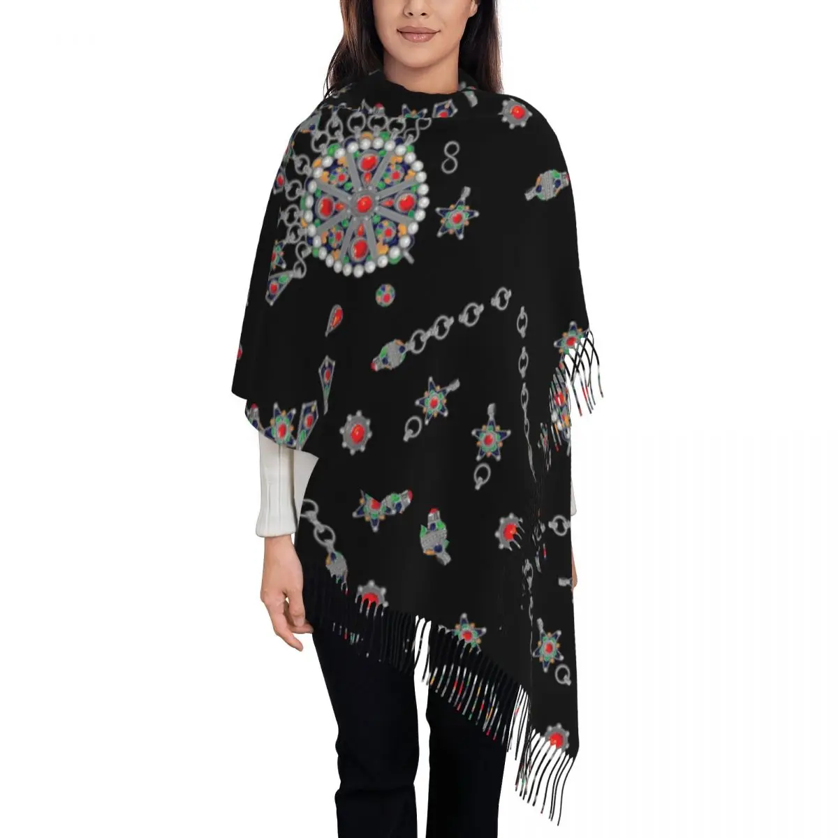 

Female Long Kabyle Jewelry Scarves Women Winter Fall Soft Warm Tassel Shawl Wraps Amazigh Africa Ethnic Style Scarf