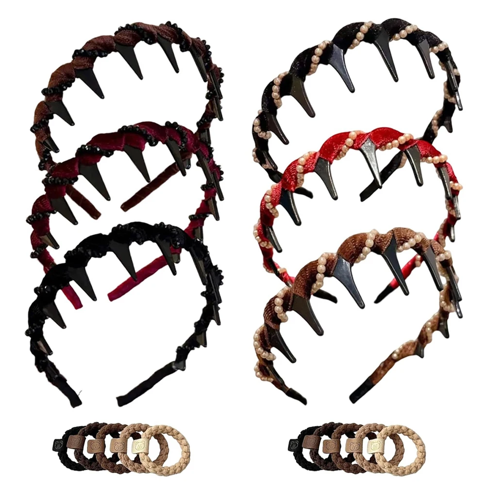

3Pcs Elegant Headband with Teeth Vintage Hairband with 5 Hair Ties Fashion Non-slip Hairband for Women Hair Accessories