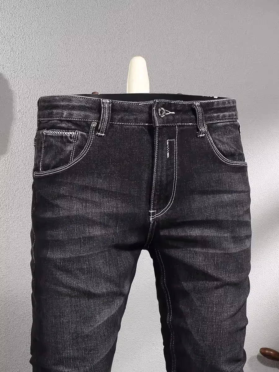 Italian Style Fashion Men Jeans High Quality Retro Black Gray Stretch Slim Ripped Jeans Men Vintage Designer Denim Pants Hombre