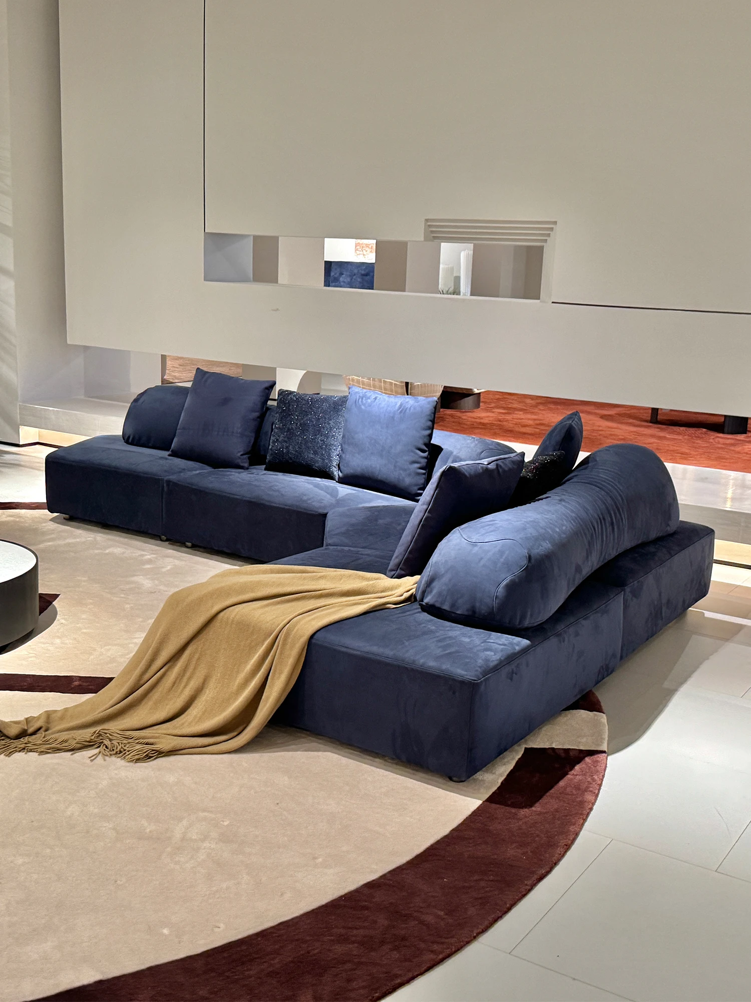 Navy Suede Fabric Modular Sectional Sofa Curved Bolster Backrest Floor Style Scatter Pillows For Living Room Villa Bedroom Home
