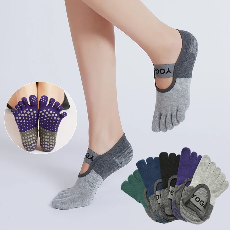 Calcetines antideslizantes de cinco dedos para mujer, medias de algodón con espalda descubierta de silicona para Pilates, correr, baile, Yoga y