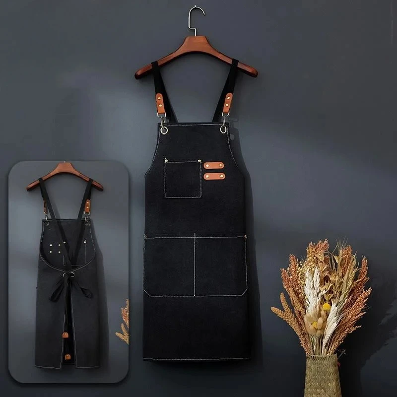 Delantal de Mezclilla Negro con Múltiples Bolsillos, Correas Ajustables y Detalles en Cuero, para Cocina, Barista, Taller de Manualidades