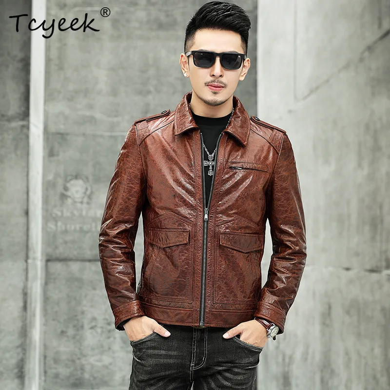 Tcyeek Top Layer Cowhide Real Leather Jacket Men Motocycle Autumn Clothes Multi-pocket Leather Coat Male Trendy Jaqueta De Couro