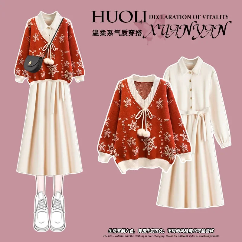 

Осенне-зимний костюм, женская новая рождественская одежда, красный вязаный свитер, универсальное платье, комплект из двух предметов