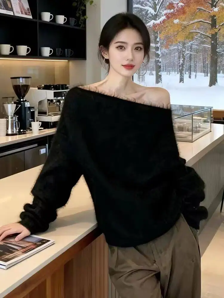 

Unique Long Sleeve Black Knitted Sweater Women's Autumn Winter Fashionable Lazy Style One Shoulder Top Not Repeating Design