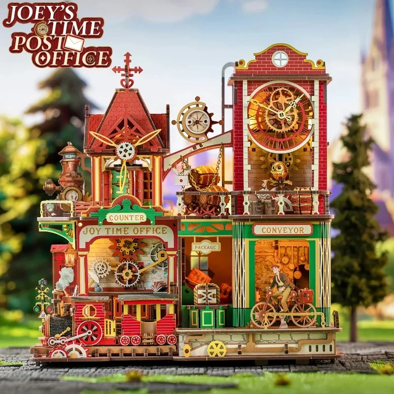 DIY Wooden Joey's Time Post Office Cottage Figurines Miniatures Kits Mini Casa for Friends Birthday Gifts Toys Home Decor Crafts