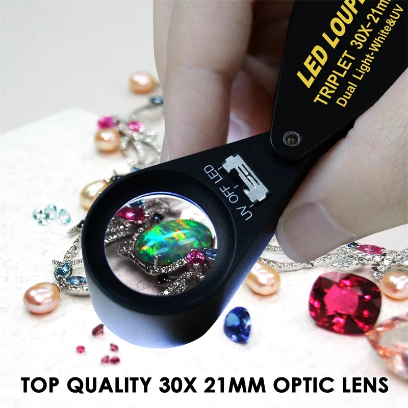 10x - 30x 21mm Optic Glass Loupe 6 LED and UV Magnifier Jeweler Black Frame Foldaway Triplet Lens Magnifying Gem Loupe