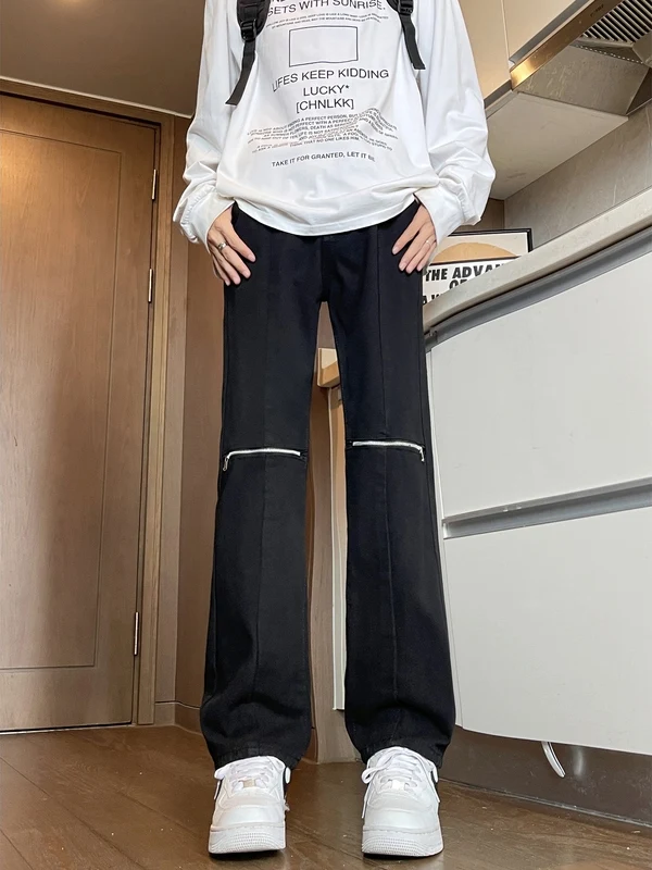 

American Vibe High Street Retro Color Men's Slim Fit Zipper Knee Denim Pants Straight Leg Long Trousers Faionable Design