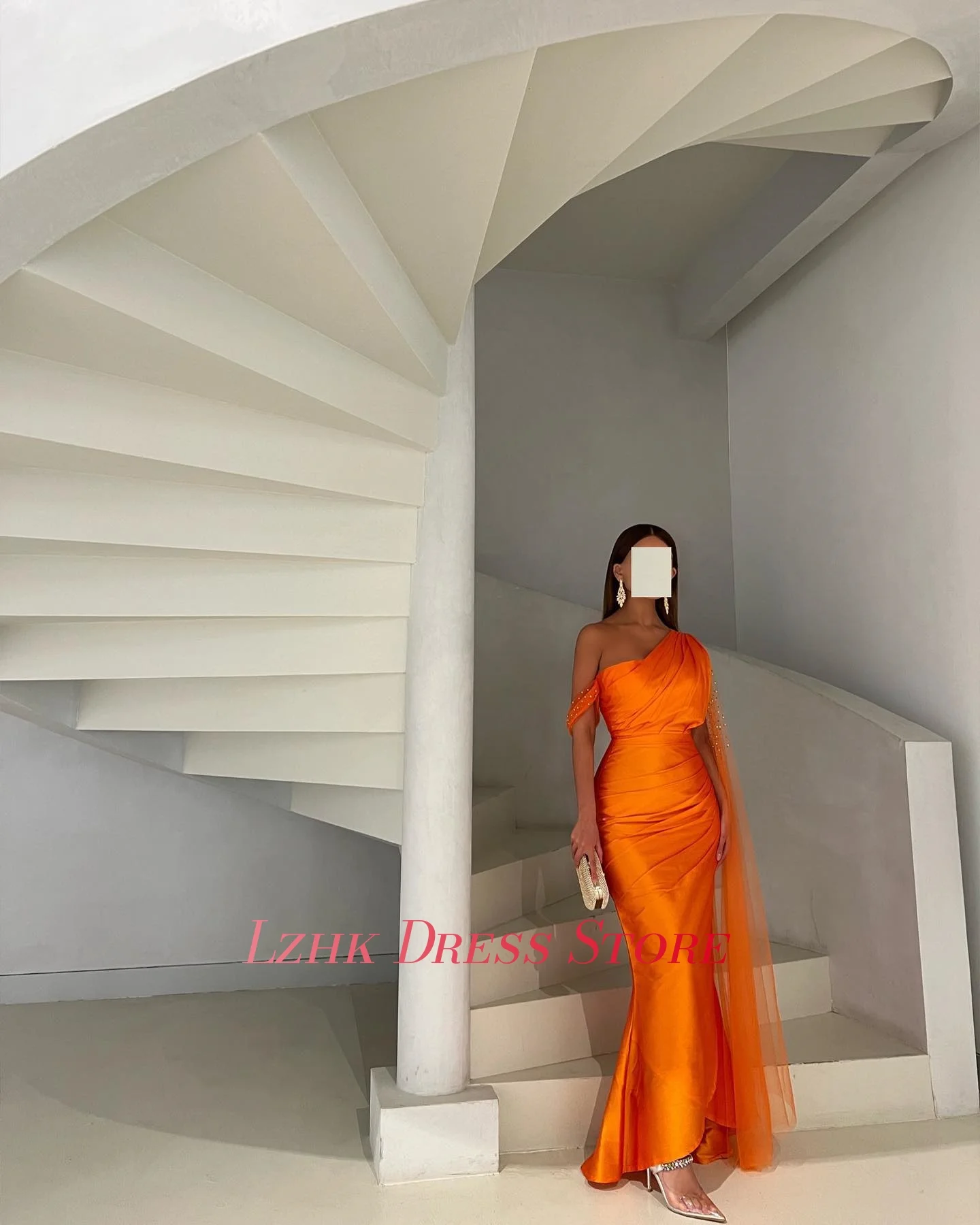 Customized Sexy Satin Mermaid One Shoulder Pearls Evening Dress Temperament Sleeveless Floor Length Bespoke Occasion Gowns