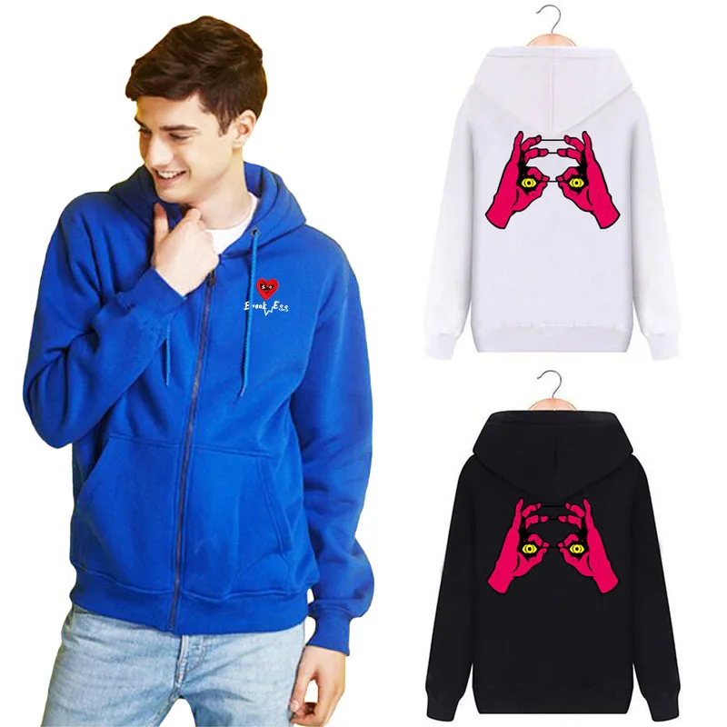 

Break Egg Hoodie Men Women Cotton Heart Glasses Embroidery Back Red Hands Eyes Printing Zipper Pocket Loose Fleece Sweater