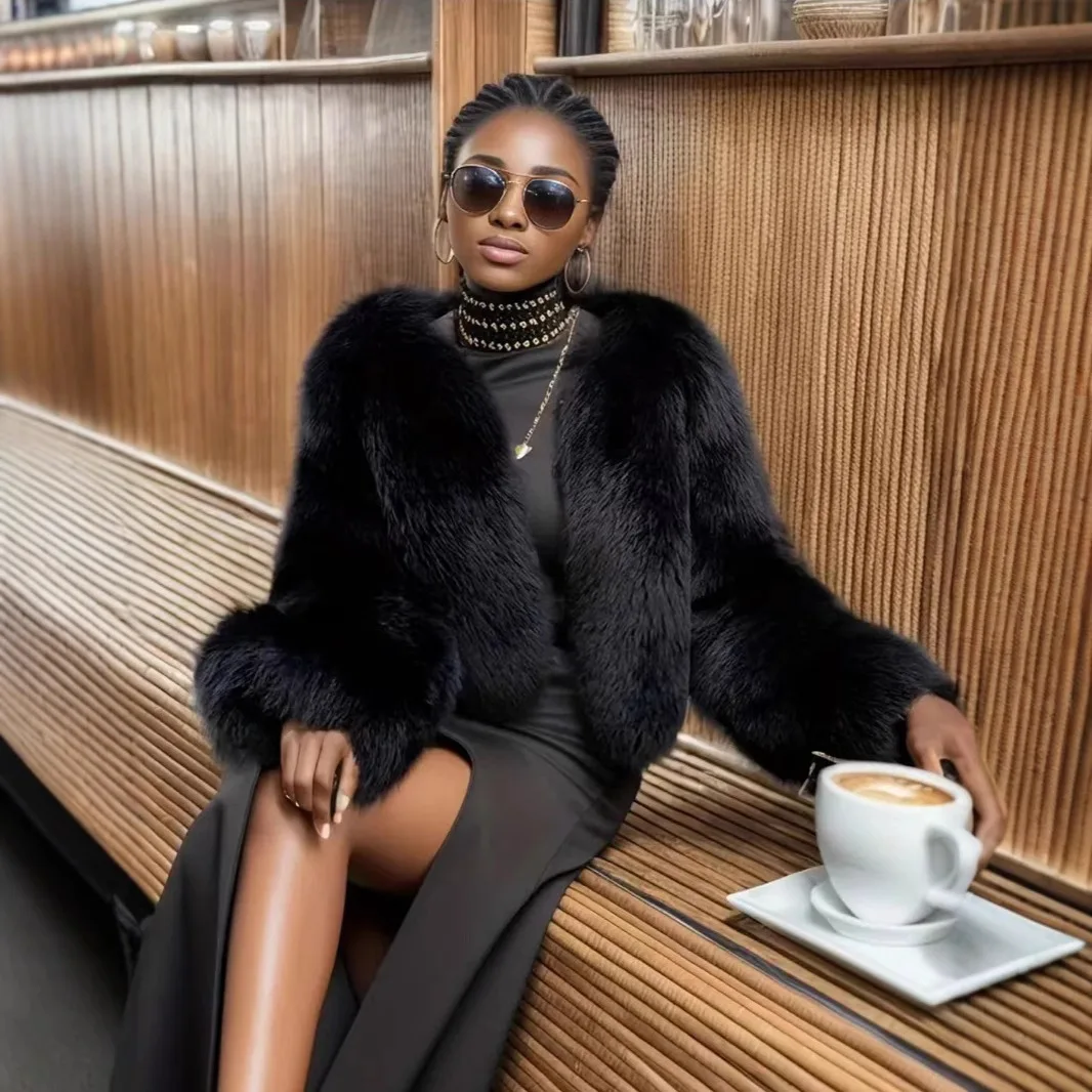 

KIDCRKJ Elegant Women Winter Faux Fur Jacket Thick Round Neck Plush Female Eco Fur Outwear High Quality Lady Artificial Fur Coat