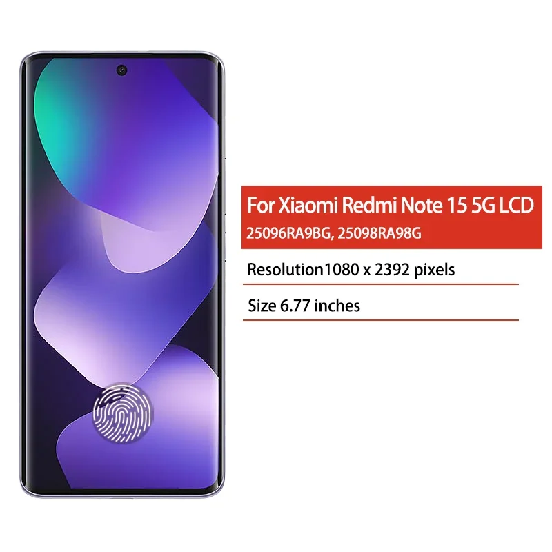 6.77' AMOLED for Xiaomi Redmi Note 15 5G LCD 25096RA9BG, 25098RA98G Display Screen Assembly for Redmi Note 15 5G LCD with Frame