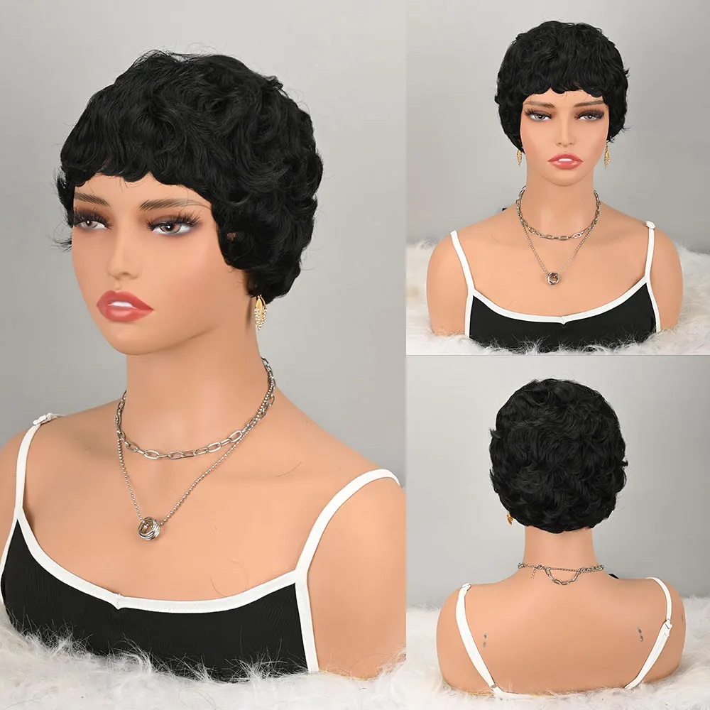

Short Black Curly Pixie Wig with Bangs for Women Natural Wave Layered Synthetic Hair Wig Heat Resistant Full Synthetic Fiber Wig